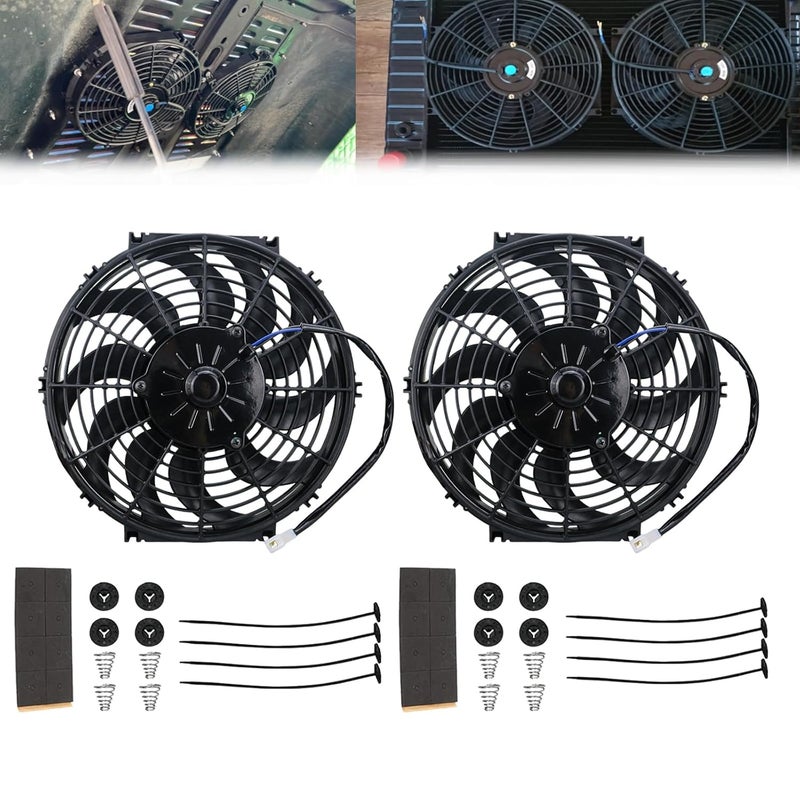 PRUNkuar 2PCS 12 Inch Universal Slim Fan Push Pull Electric Radiator Cooling 12V 80W Mount Kit Black - Image 1